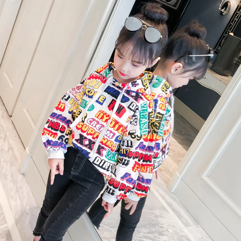 

4-13 years old girls clothes sets 2-pieces-sets for kids Printed letter hooded sweater + slim jeans Spring and Autumn Hot Sale
