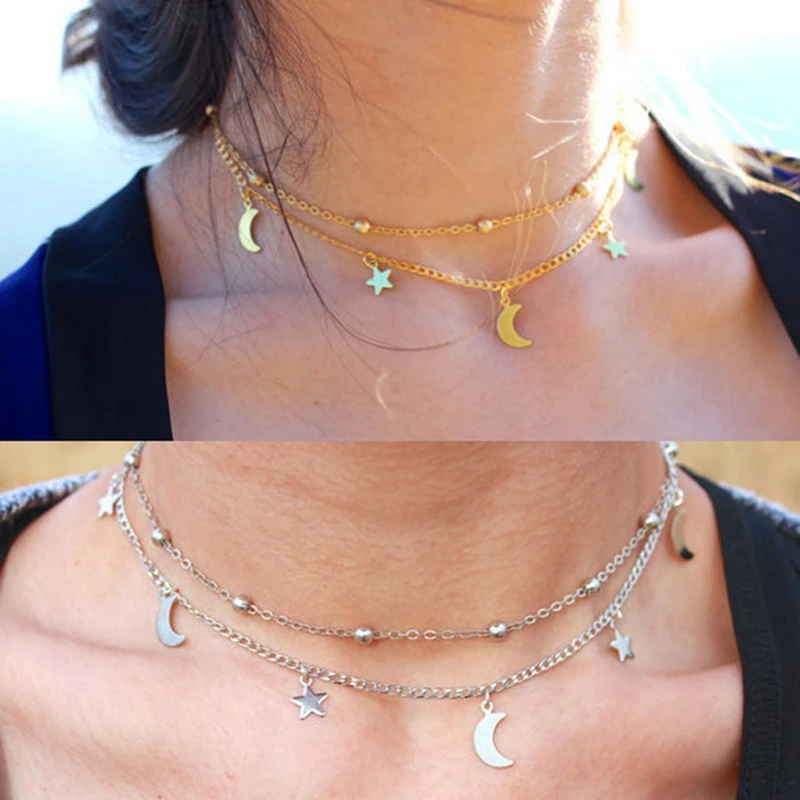 

New Double-decker Moon Necklace for Women Simple Bead Stars Clavicle Short Chain Collar Halsketting Wholesale Lots Bulk