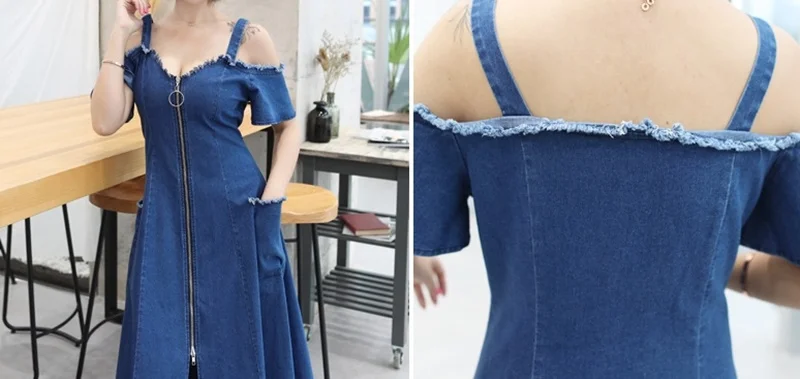 Джинсовые платья, лето размера плюс Xl 5Xl, с открытыми плечами, с эластичным ремнем, на молнии спереди, платье миди, длинные джинсовые платья для женщин DD2123