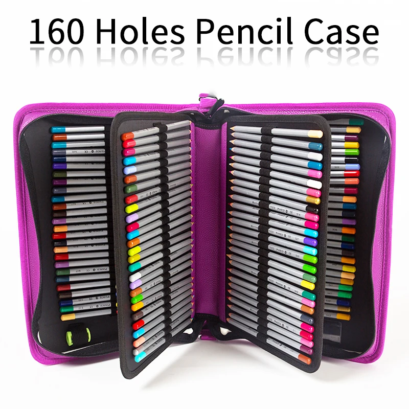 

160 Holes Portable PU Leather High Quality School Pencils Case Large Capacity Pencil Bag For Colored Pencils Watercolor Supplies
