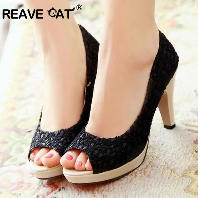 

REAVE CAT Lace Women Cone High heels Peep toe Pumps Ladies Big size 43 Spring Summer Party chaussures femme Zapatos mujer Black