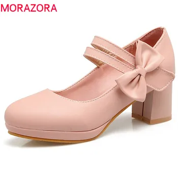 

MORAZORA 2020 new arrive women pumps spring summer simple buckle sweet bowknot round toe comfortable square heel shoes woman