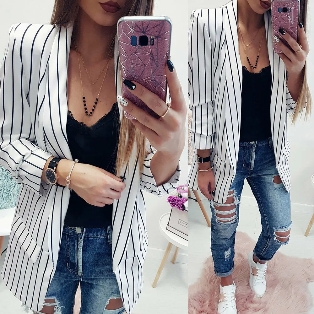 

2018 Female New Fashion Stand Striped Coats Women Ladies Long Sleeve Striped Stylish Duster Jacket Coat high quality W510