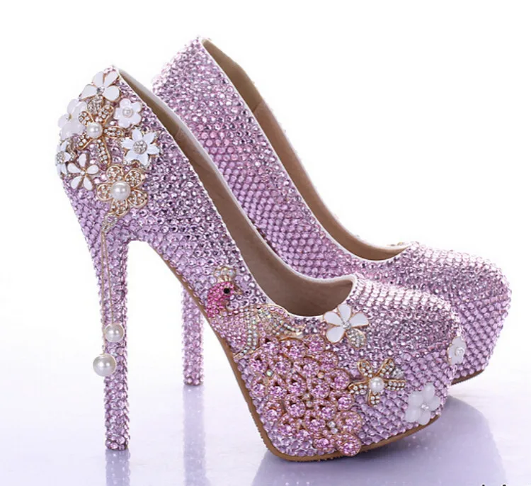 Round pink diamond bridal shoes high with fine with waterproof pearl wedding shoes Crystal Phoenix flowers singles shoes