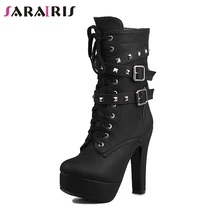 SARAIRIS/Новинка,, красивые ботинки на платформе с заклепками, женские мотоциклетные ботинки до середины икры, г. Женская обувь на высоком каблуке, размеры 32-47