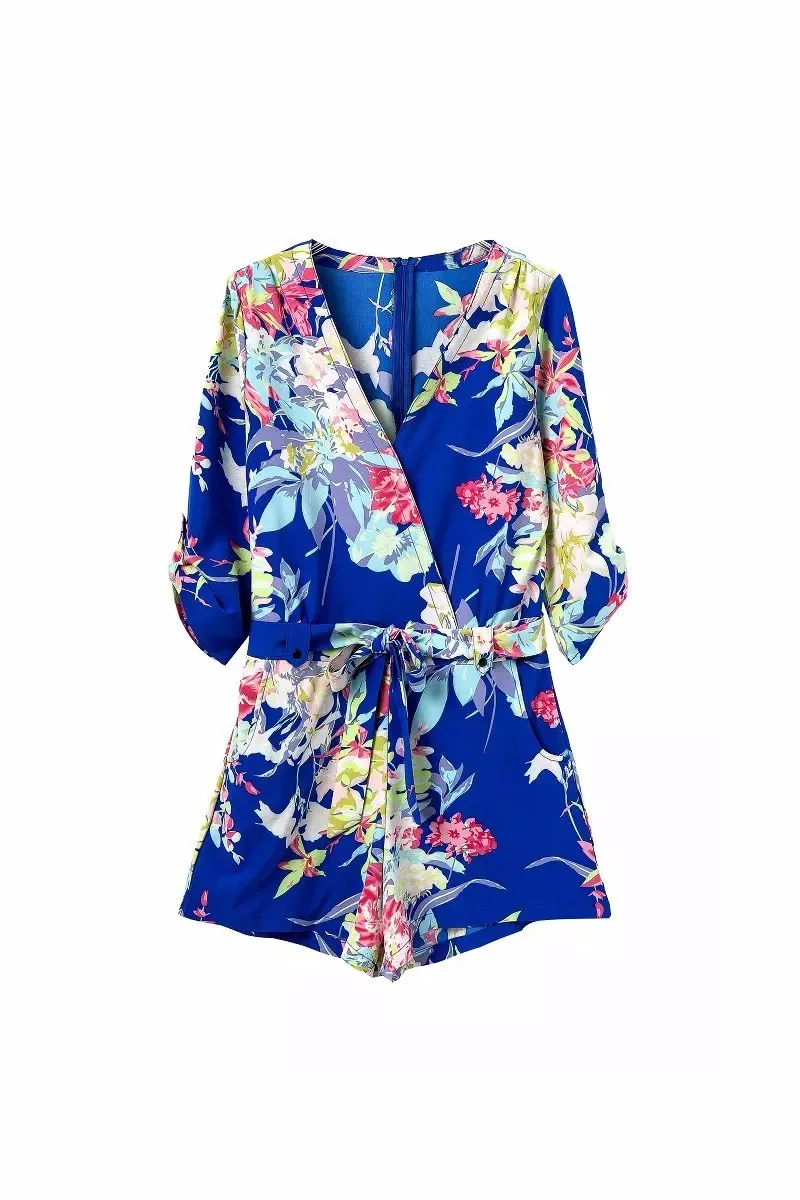 Blue Floral Printing V-neck Wrap Front Cropped Sleeve Waisted Jumpsuit