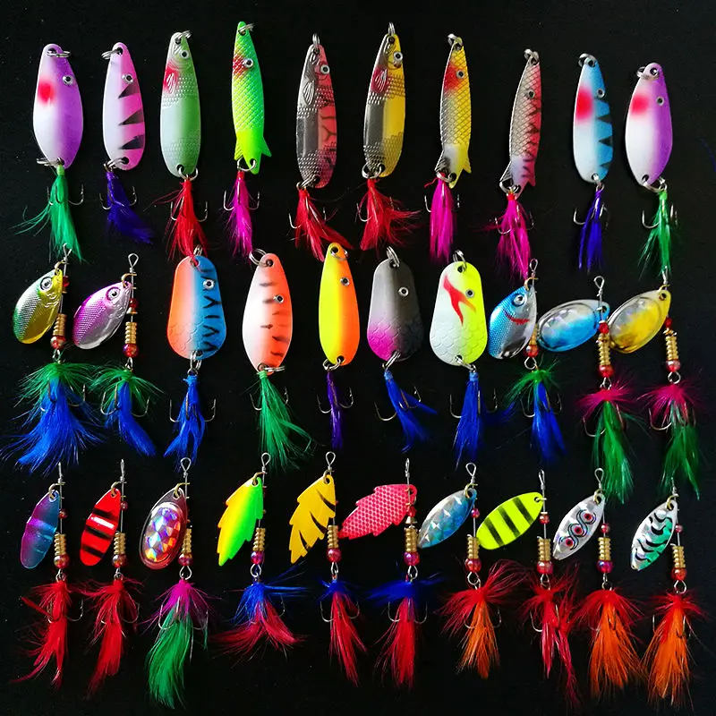 

Spinner 30pcs/lot 3-13g Fishing Lure Spoon Baits With feathers Metal Hard baits Isca Artificial Multi Color Fishing Tasckle