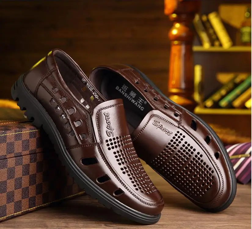 

shoes men new summer breathable open-cut leather shoes sandals leisure head layer cowhide business men dad shoes