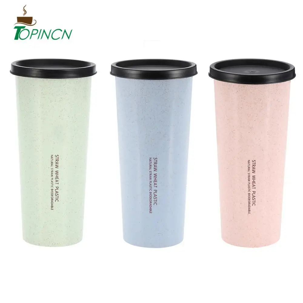 

470ML Wheat Straw Coffee Cup Multi-Functional Water Tea Cup with Drinking Straw Double Lid Healthy Cola Coffee Mug
