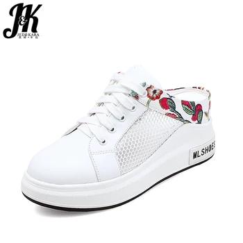 

JK Casual High Heels Women Slippers Round Toe Wedges Embroider Mesh Slides Footwear Summer Platform Elevator Ladies Mules Shoes