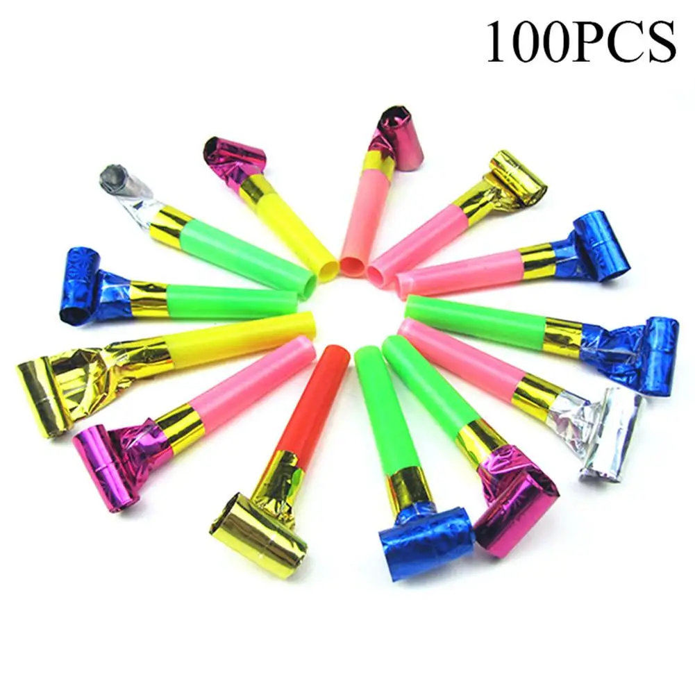 

100 PCS Birthday Party Entertaining Tool Cheering Prop Small Blowing Dragon Whistle Plastic Trumpet Golden Paper Blowing Dragon