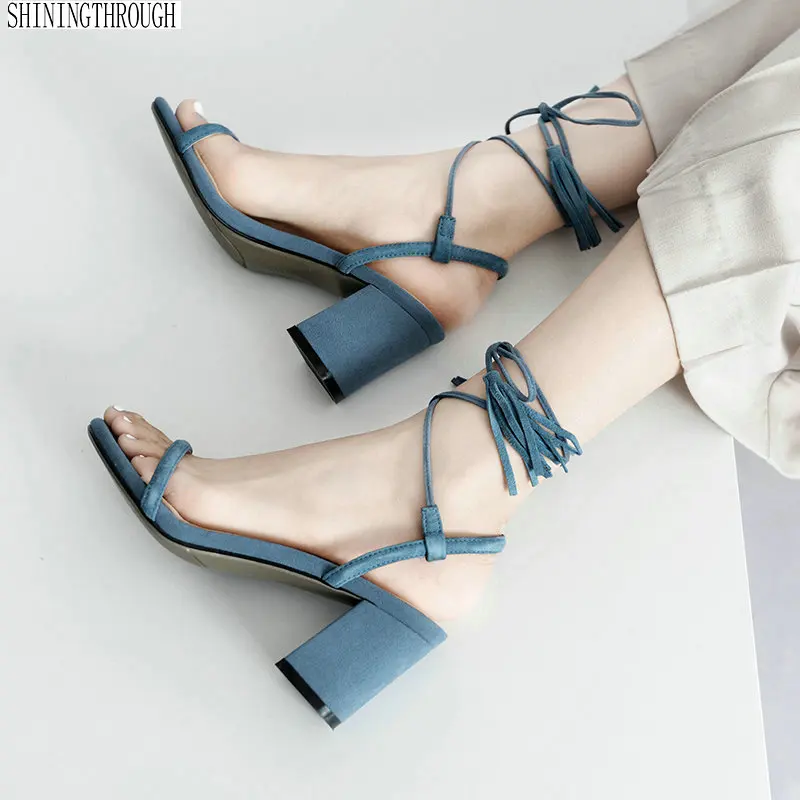 

New arrive genuine leather women high heels sandals fashion summer shoes lace up ladies sandals black blue apricot