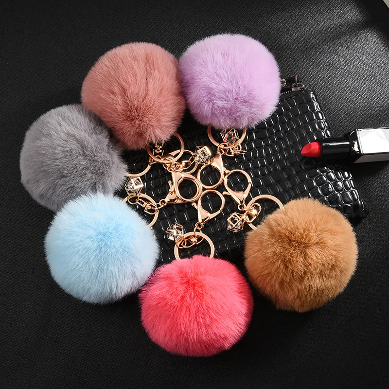 

8cm Pom Pom Keychain Faux Rabbit Fur Pompom Key Chain with Rhinestone Charm for Women Handbag Car phone Pendant Fashion Gift