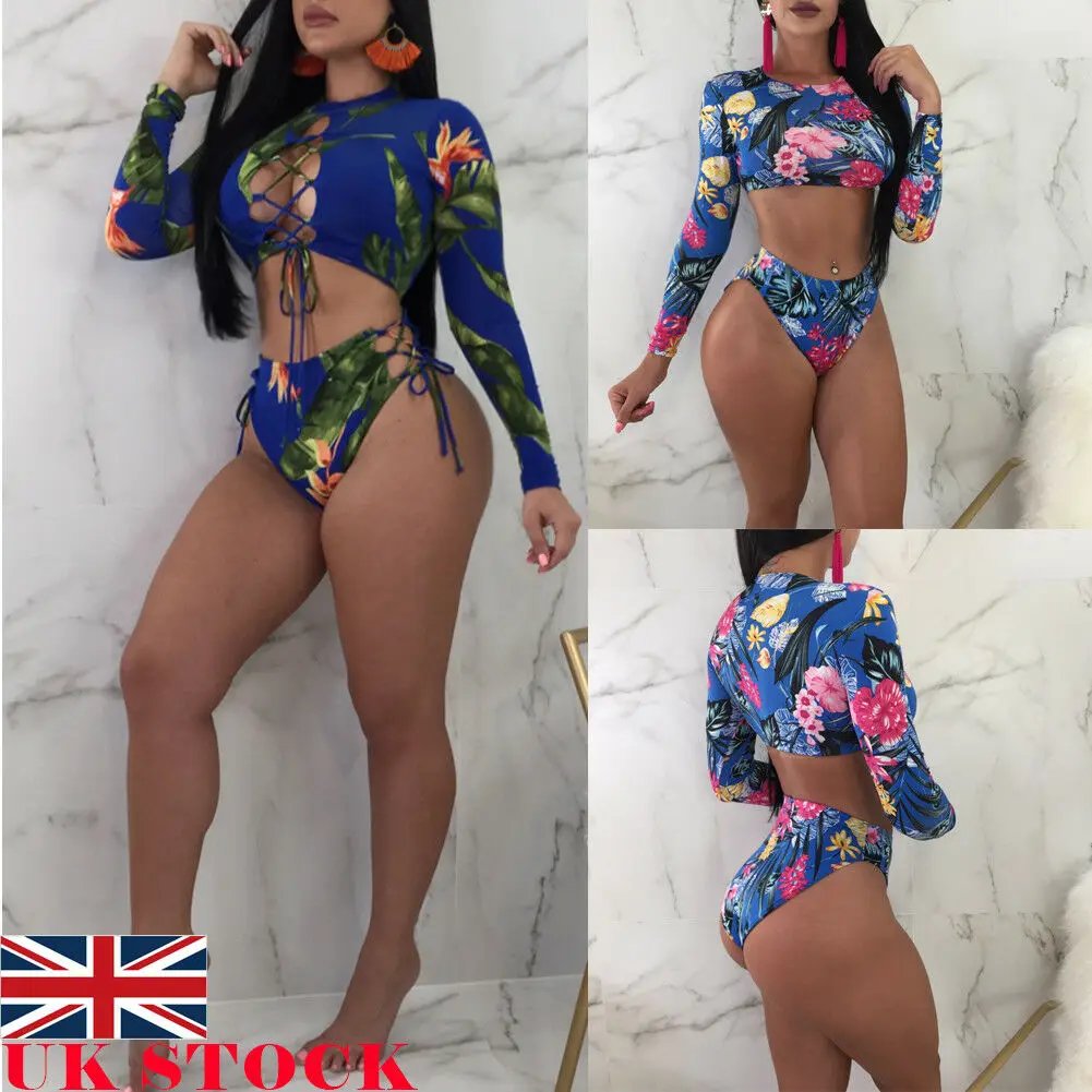 

Summer Women Bandage Cross Floral Print Long Sleeve Bikini Set Swimsuit Swimwear