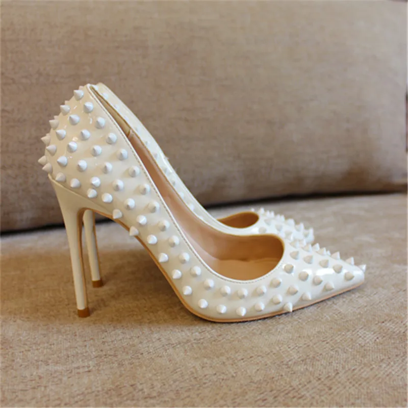 

Free shipping fashion women Pumps lady white patent leather studded spikes Pointy toe high heels shoes size33-43 12cm 10cm 8cm
