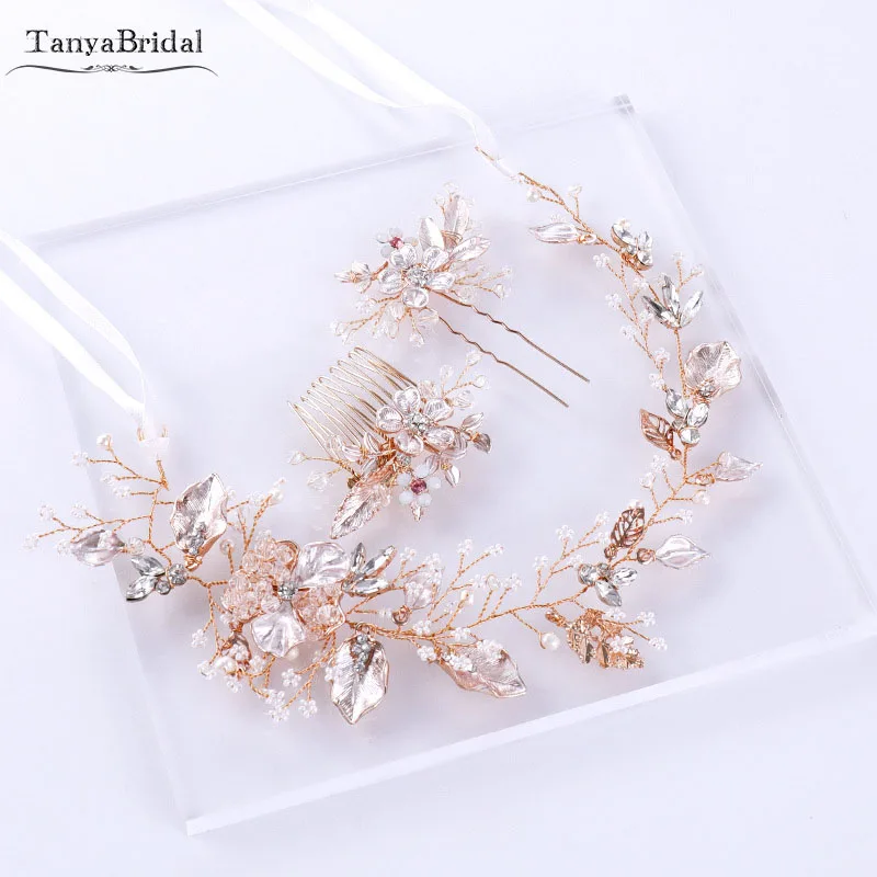 

Rose Gold Hairpieces Crystal Pearls Metal Headband bridal headdress Wedding Accessories 3 pieces DH013