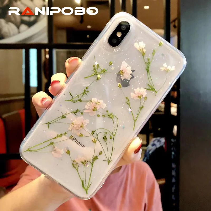 

Real Dried Flower Transparent Cases For iPhone X 6 6S 7 8 Plus XR XS Max Soft TPU Bling Clear Back Cover For iPhone X 7 8 Plus