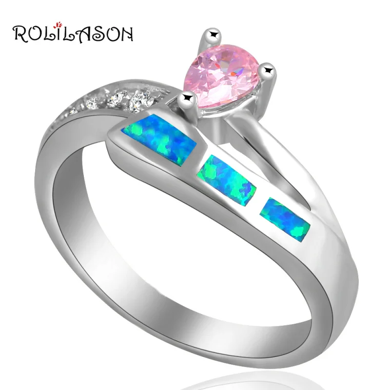 

ROLILASON Royal style water drop Pink Zircon Blue Fire Opal Silver stamp Ring Sz #6.5 #6.75 #8 #8.5 Fashion Jewelry OR551