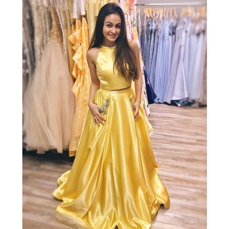 Two Pieces Prom Dresses with Pockets Long Prom Gowns with Keyhole Back