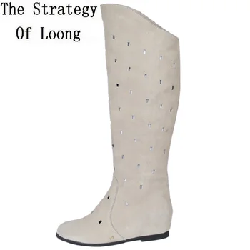 

Genuine Leather Flats Elevator Closed Toe Summer Women Long Boots Cut Out Knee High Real Leather Knight Lady Boots 34-40 SXQ0430