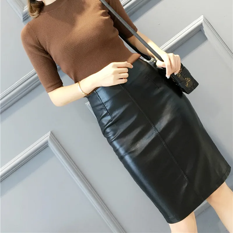 black PU leather midi knee length skirt1