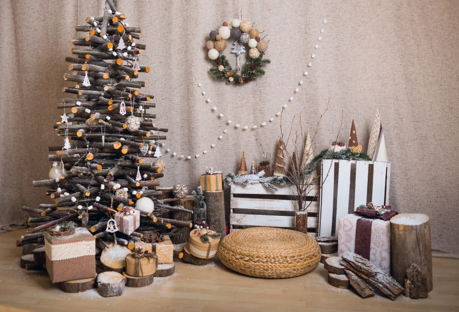 

Laeacco Christmas Tree Wood Gifts Baby Wooden Floor Photography Background Customized Photographic Backdrop For Photo Studio