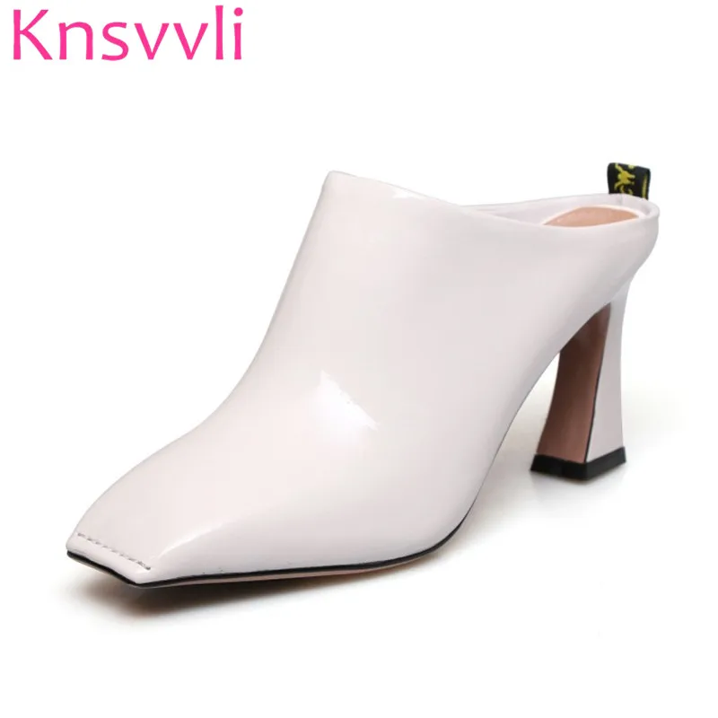 

Knsvvli Newset Genuine Leather Thick Heel Black Casual Woman Slipper Retro Square Toe Grace White Color Women Mules Heel