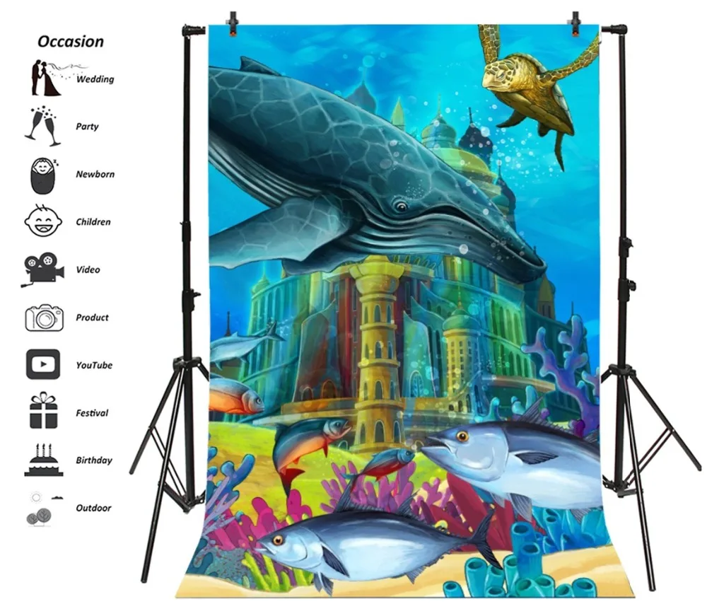 Laeacco Sea Underwater Tortoise Whale Castle Baby Photography Backgrounds Customized Photographic Backdrops For Photo Studio