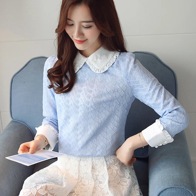 Free Shipping 2018 Spring New Sweet Bottom Chiffon Shirt Korean Doll Collar Long Sleeve Lace and Autumn Blouse |