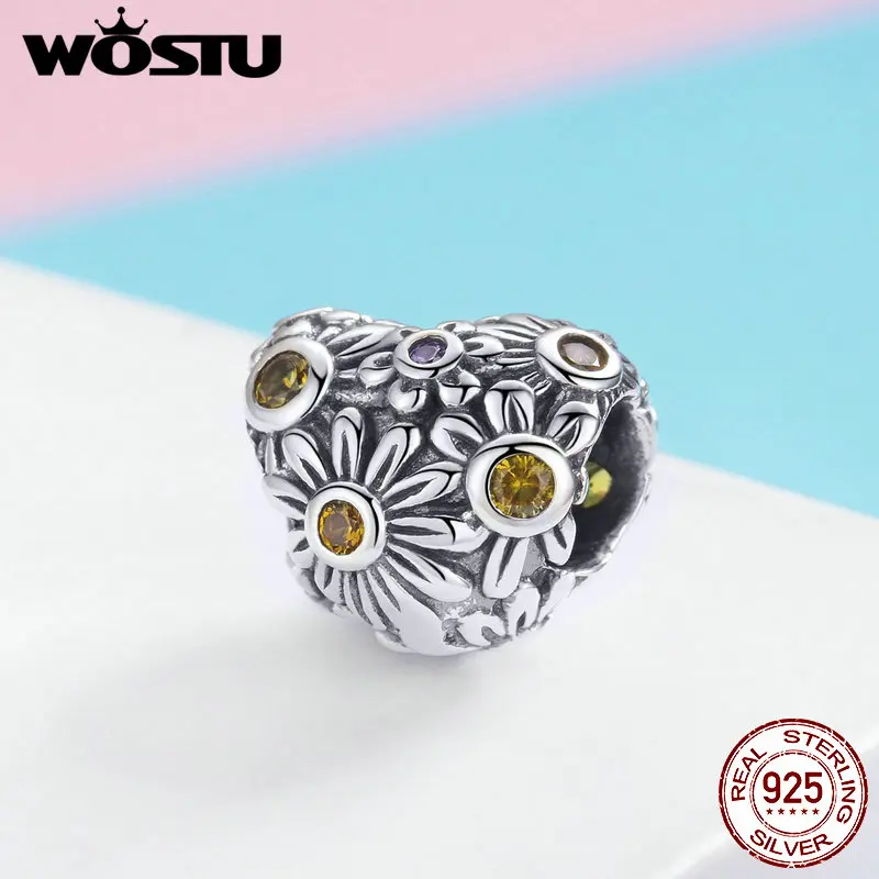 WOSTU,, 925 пробы, серебряный, разноцветный, цветок, сердце, болтается, бисер, подходит для браслета, оригинальное Изготовление ювелирных изделий, FIC967