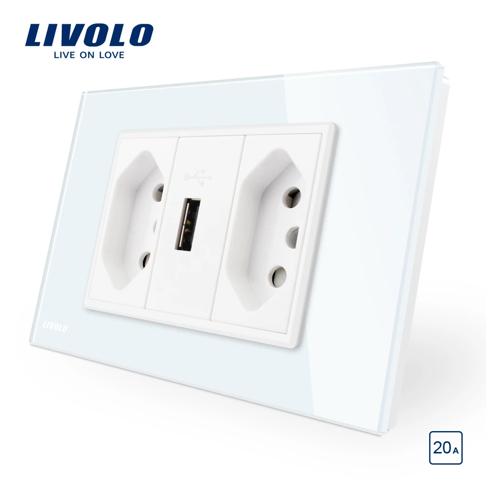 Livolo бразильский/Итальянский стандарт 3 контакта 20А+ USB розетка, белая стеклянная панель без вилки, C9C2UBR2-11