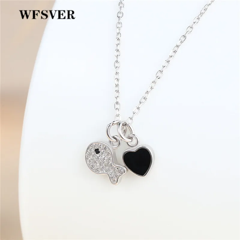 

WFSVER 925 Sterling Silver Necklace For Women White Small Fish & Black Heart Shaped Pendant Necklace Korea Style Fine jewelry