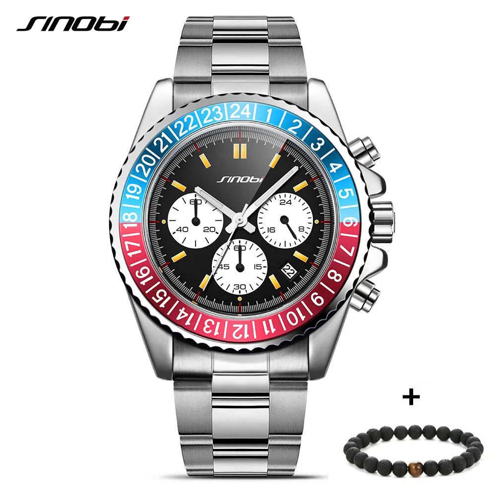 

SINOBI Rotatable Bezel Men's Sport Watches Top Brand Luxury Fashion Stainless Steel Chronograph Quartz Wristwatch reloj hombre