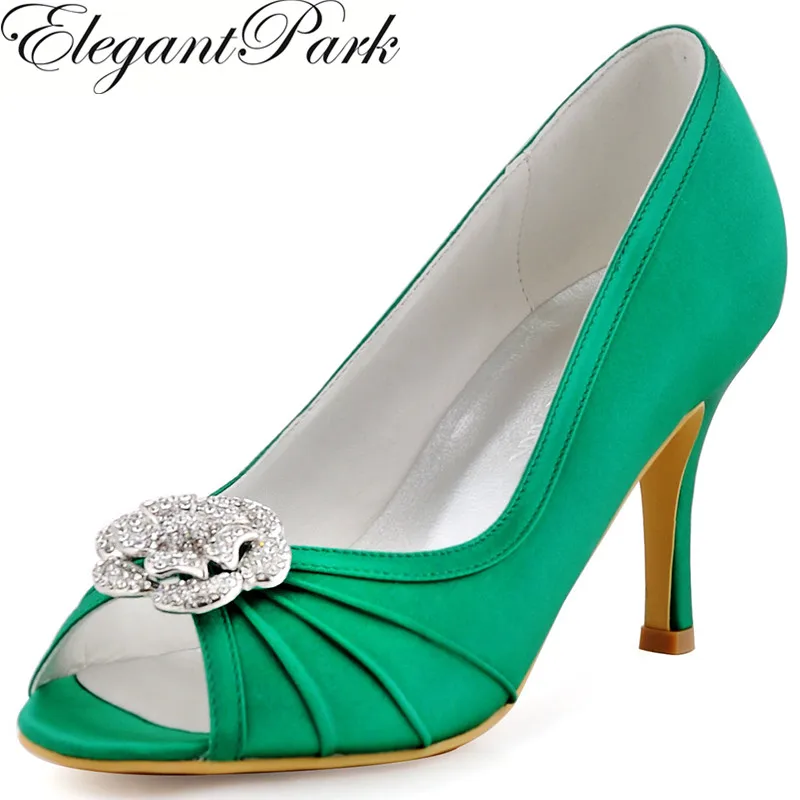 Shoes Woman Green High Heel Pumps Rhinestone Clips Satin Women Prom