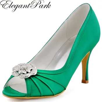 

Shoes Woman Green High Heel Pumps Rhinestone Clips Satin Women Prom Evening Party Wedding Bridal Shoes EP2094AF Women High Heels