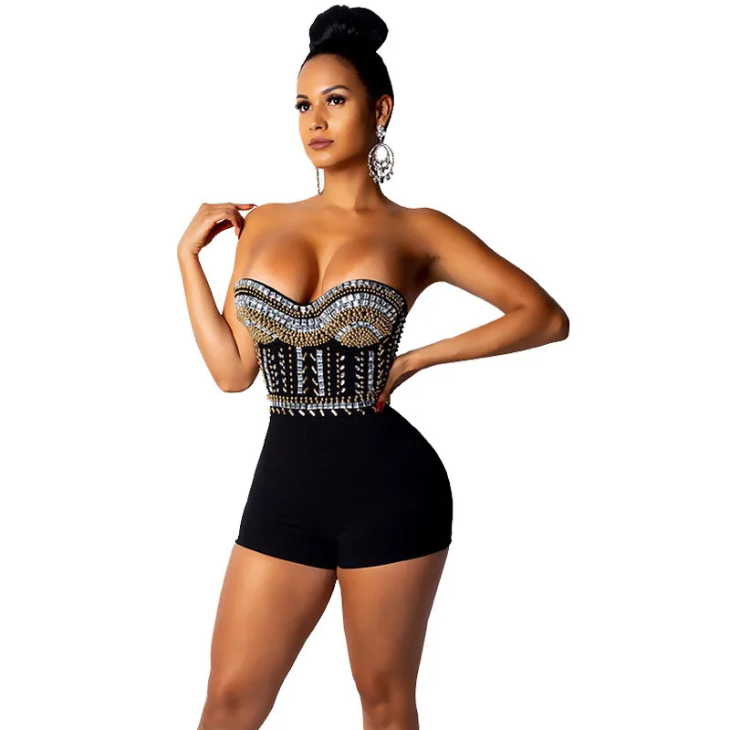 

Sparkly Rhinestones Sexy Party Jumpsuit Women Overalls Short Jumpsuit Elegant Glitter Strapless Bodycon Sequin Jumpsuit Playsuit