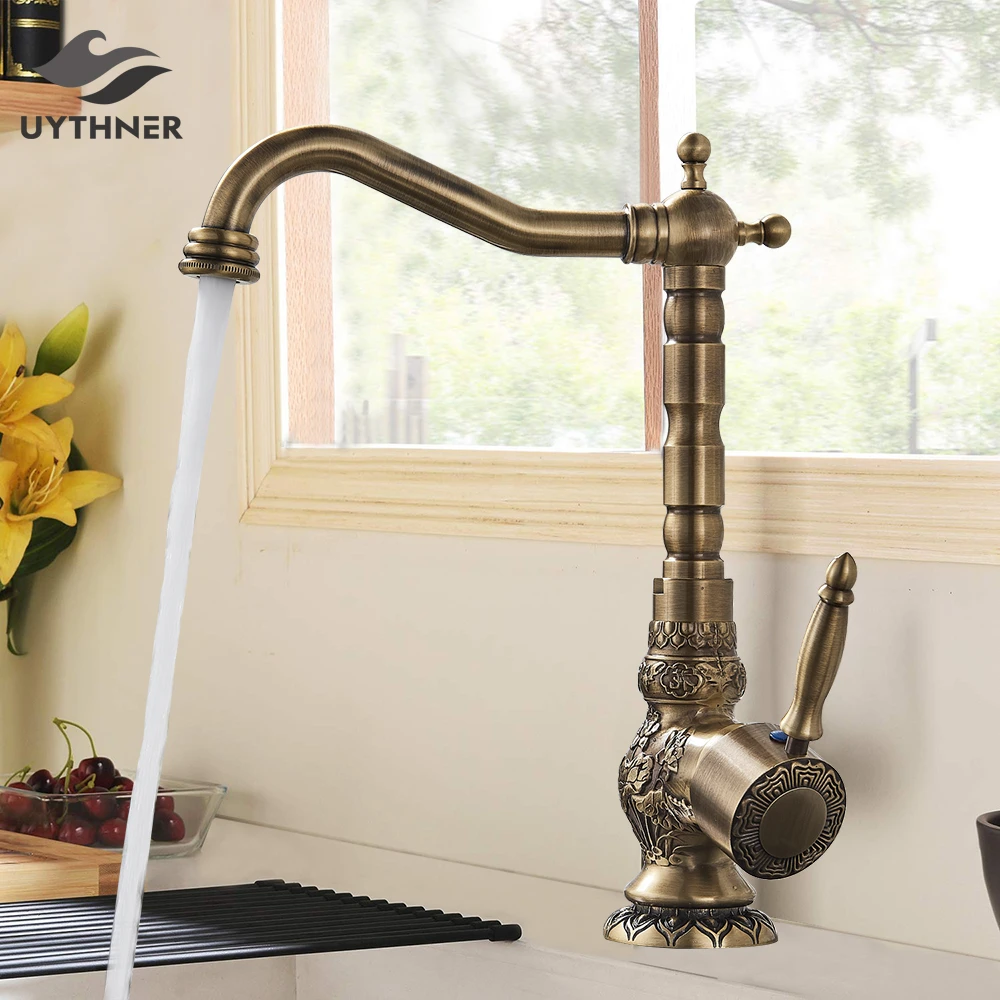 Uythner Kitchen Sink Faucets Retro Brass Antique Bronze Single Handle Kitchen Basin Faucets Deck Mounted Hot&Cold Water Mix Tap
