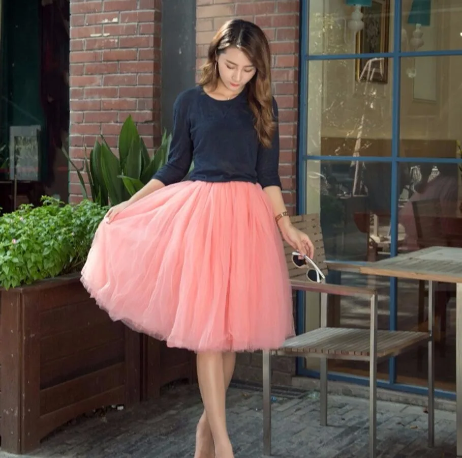 11.1 Fashion Women Skirts Saias Tulle Skirt 7 layers Solid Color match High Waisted Tutu Skirts Women Pleated Skirt faldas saia jupe