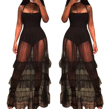 

2018 Woman Summer Dresses Sexy Spaghetti Straps Strapless Black Transparent Mesh Ruffle Maxi Dress Robe Femme Vestidos