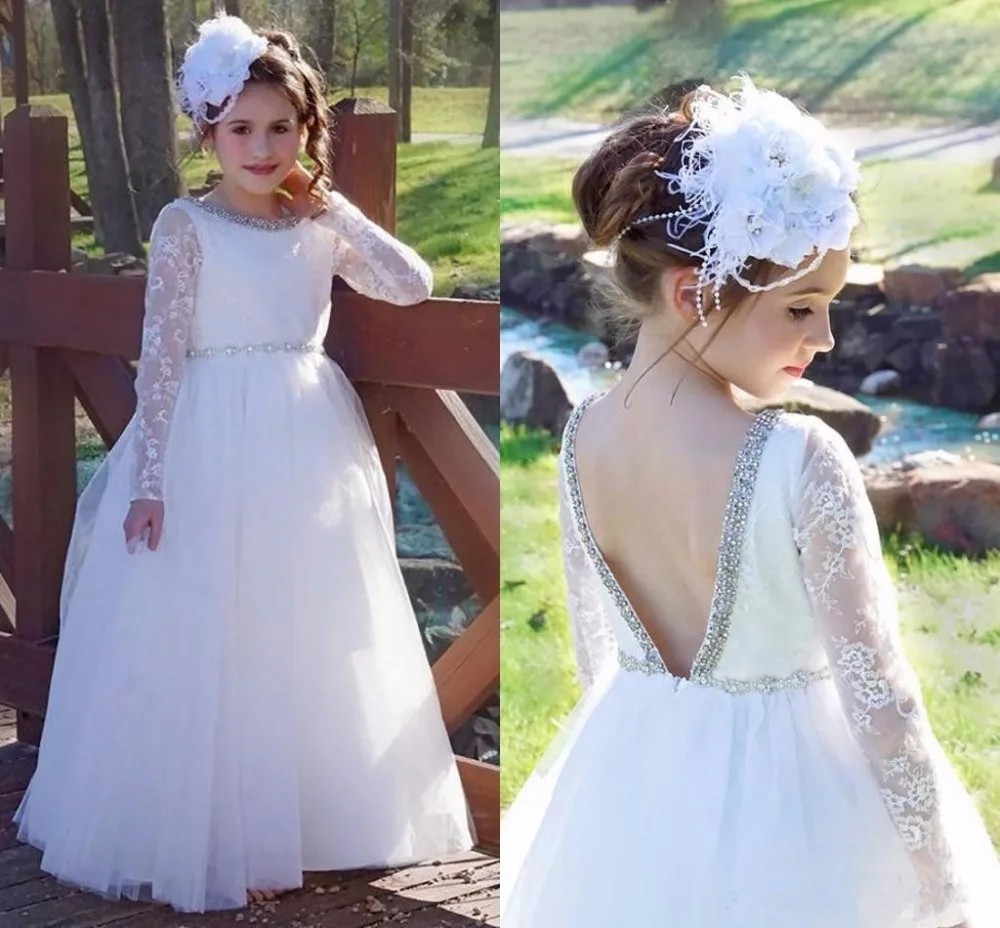 2018 г. милые белые свадебные платья для девочек, украшенные жемчужинами, поясом и цветком, кружевные фатиновые платья с длинными рукавами