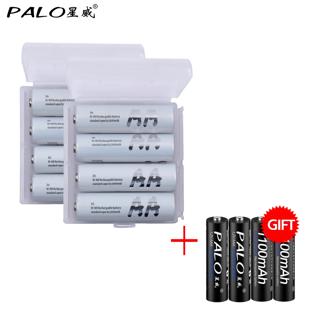 8 шт. PALO Ni-MH AA новые батареи 2300 mAh-2600 mAh перезаряжаемые 1,2 v 2A батареи с 4 шт 1100mah батареи в подарок для игрушек и т. Д