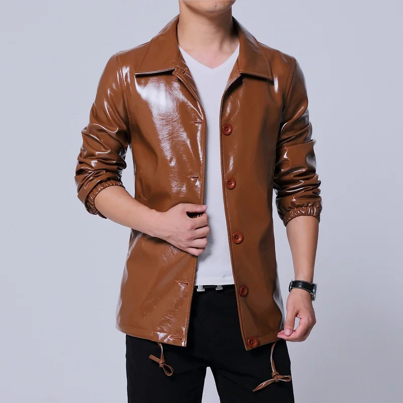 Mens casual jacket faux leather coats Khaki shiny nice quality size M