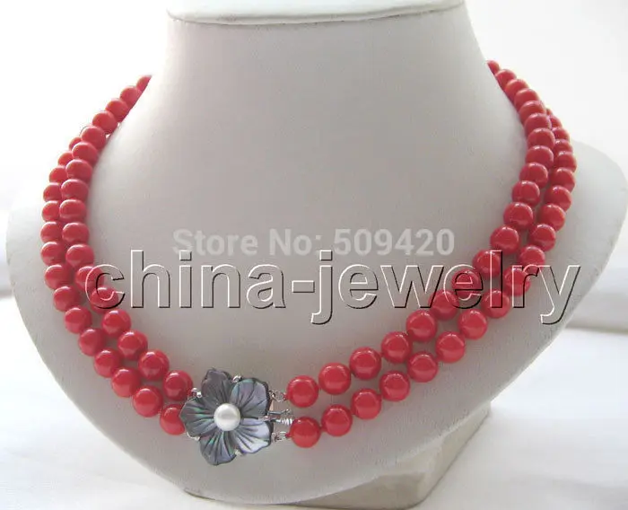 

Wholesale>AAA double 17-18" 8mm natural perfect round red coral necklace-shell clasp