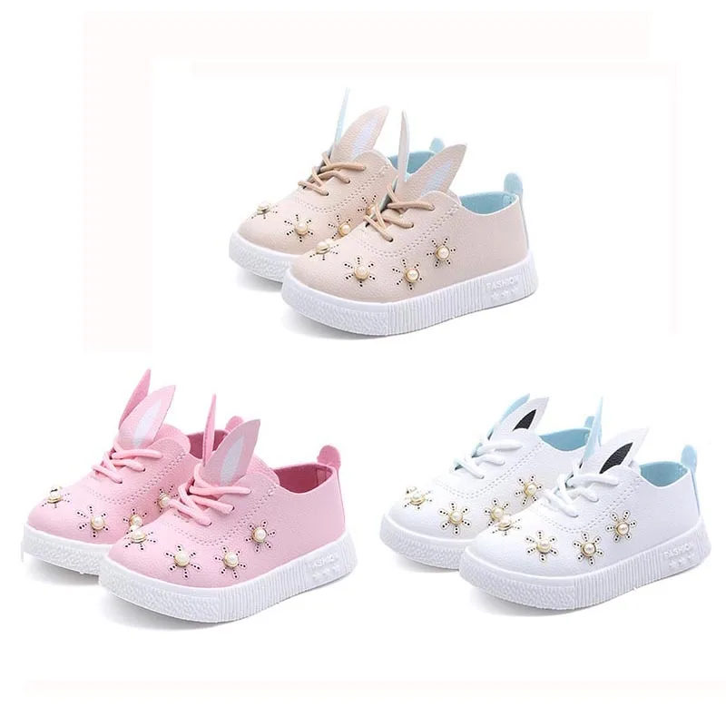 

Children Baby Girls Casual Shoes Sneakers Kids Rabbit Ear Design with Pearl Soft Soled Walking Shoes 1-6Y