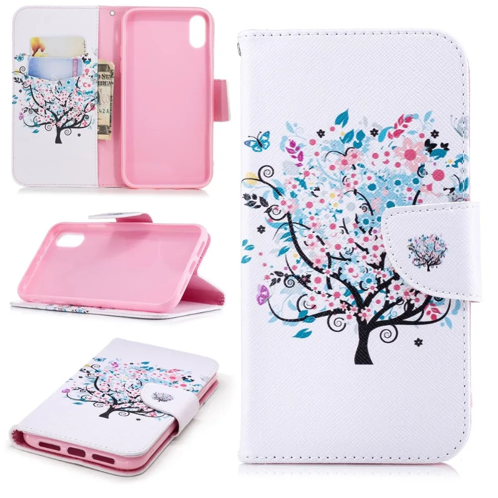 

Capa Cases Flip Fundas Leather For apple iphone X XR Xs Max 8 7 6 6S Plus 5 5S SE Tree Bear Butterflies Feather Book Covers P07G