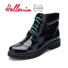 Hellenia Genuine Patent Leather Ankle Boots girls children Shoes student Round Toe spring black low heels Lace-up zip 35-38 size