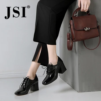 

JSI Brand Patent Leather Women Pumps New Fashion Lace-up 6.5cm High Square Heel Ladies Shoes Office Black Cross-tied Pumps JOC51