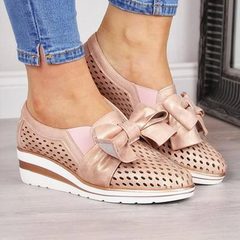 Autumn Women Shoes Wedges Hollow Out Breathable Pumps PU Bowtie Platform Fashion Ladies Slip On Casual Comfort Female Moccasins - Цвет: Pink