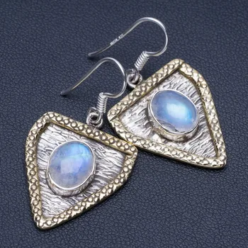 

Natural Two Tones Rainbow Moonstone Unique Punk Style 925 Sterling Silver Earrings 1 1/2" P1428
