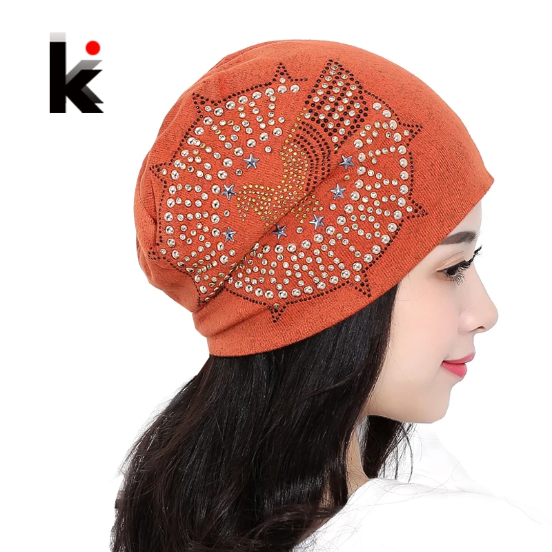 

2018 Knitted Autumn And Winter Female Hats For Women Beanie Brand Hip-hop Cap Balaclava Caps Pearls Diamond Ladies Lnit Skullies